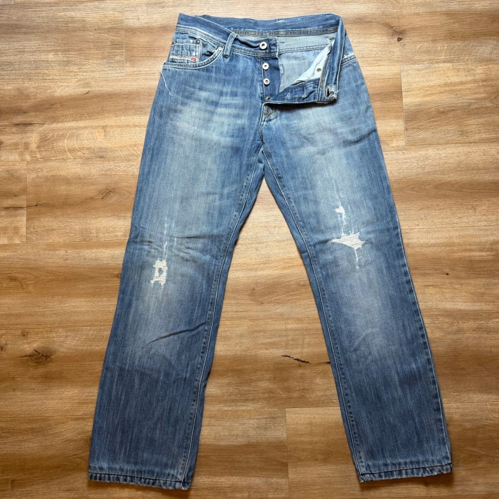 Diesel Jeans Men 29x30 Blue Distressed Straight Leg Button Fly Made in Italy Y2K